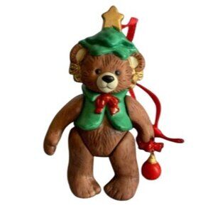Hallmark 1998 Gift Bearer Ornament Jointed Teddy Bear Green Vest Red Ribbon
